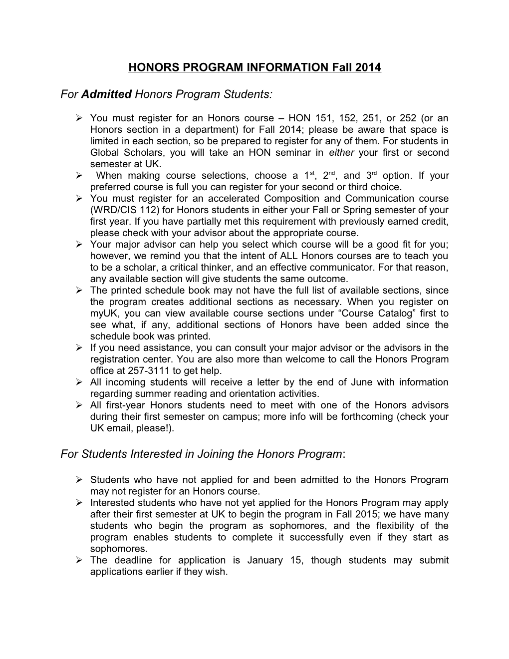 HONORS PROGRAM INFORMATION Fall 2014