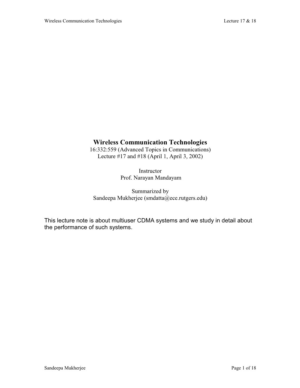 Wireless Communication Technologieslecture 17 & 18