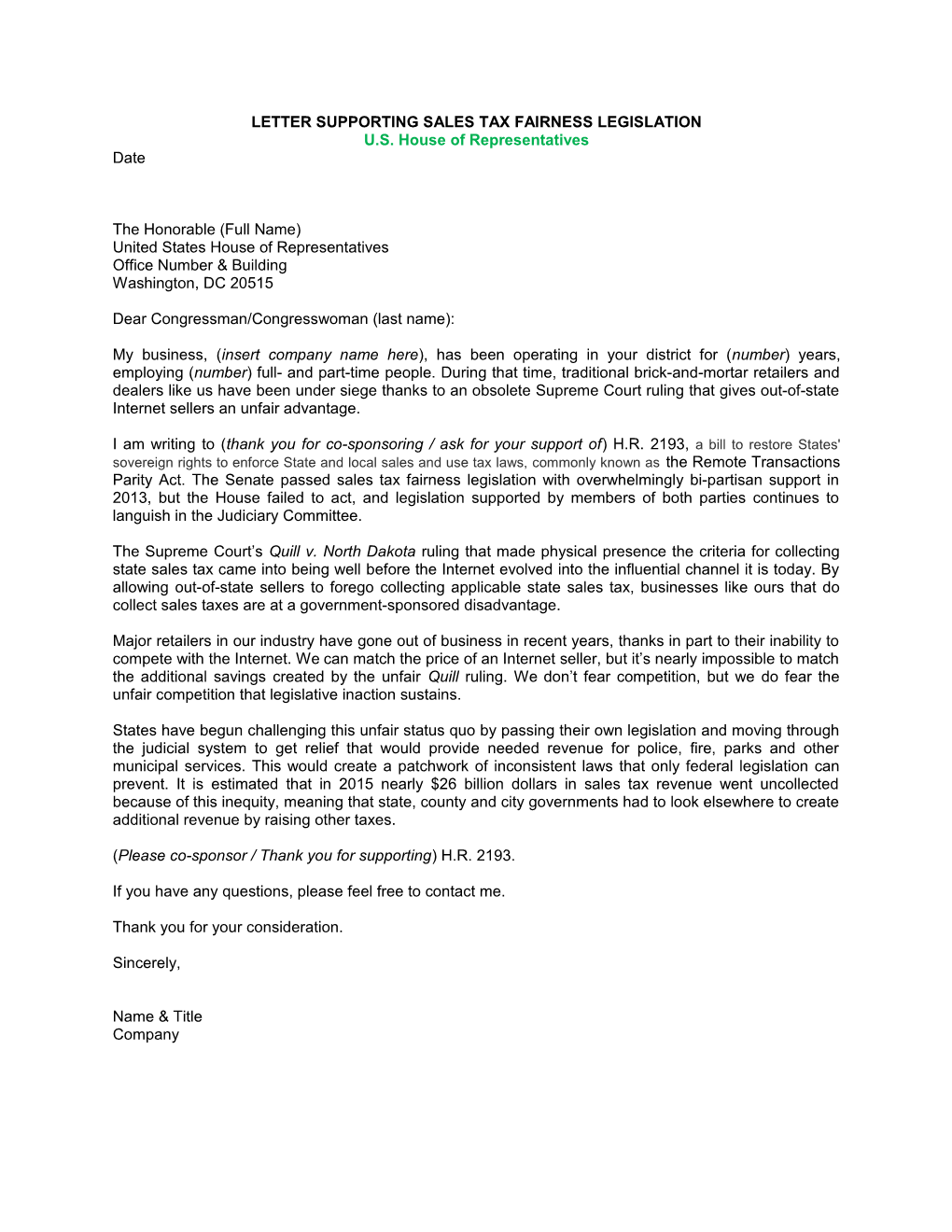 Letter Supporting Sales Tax Fairness Legislation