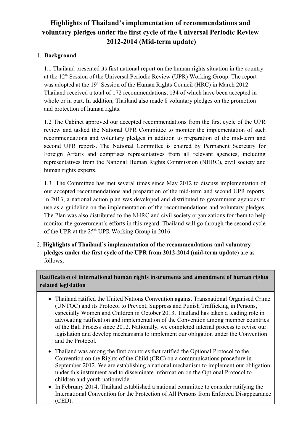 Highlights of Thailand S Implementation of Recommendations And
