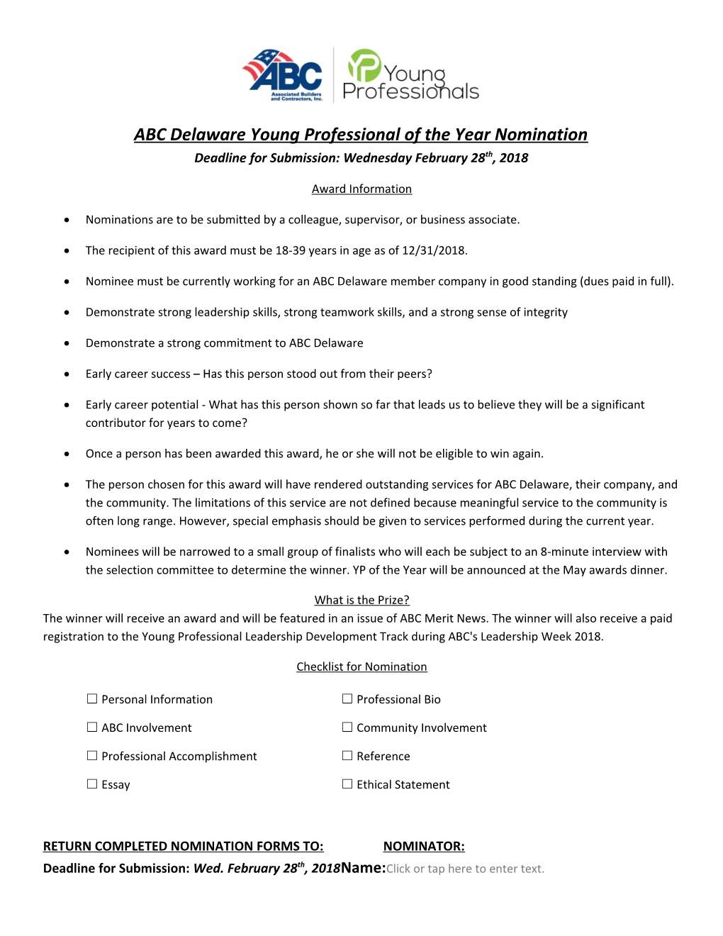 ABC Delaware Young Professional of the Year Nomination