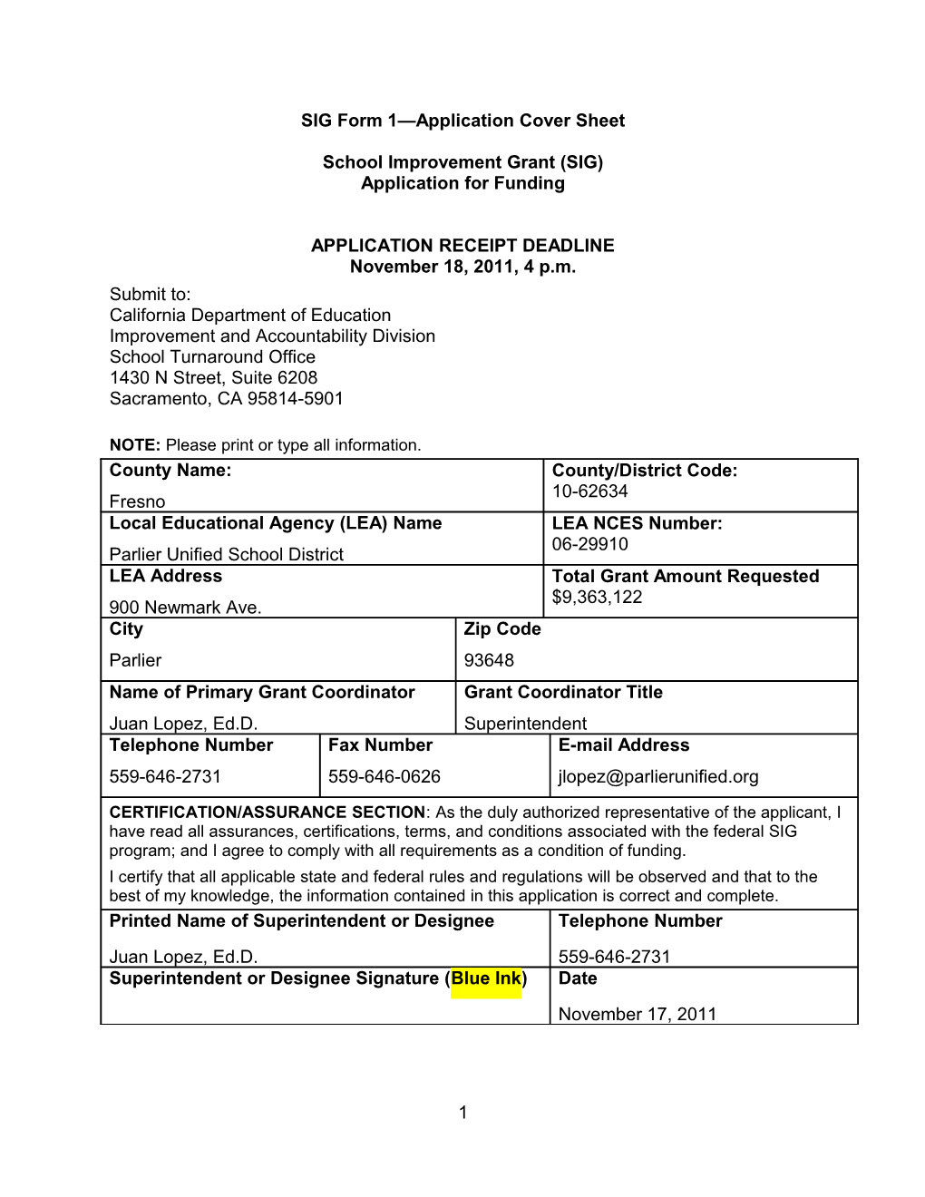 SIG Cohort 2 Application for Parlier USD - Title I (CA Dept of Education)