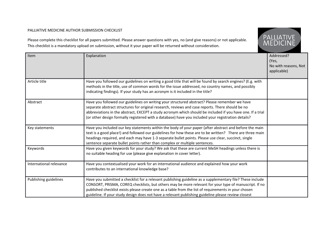 Palliative Medicine Author Submission Checklist