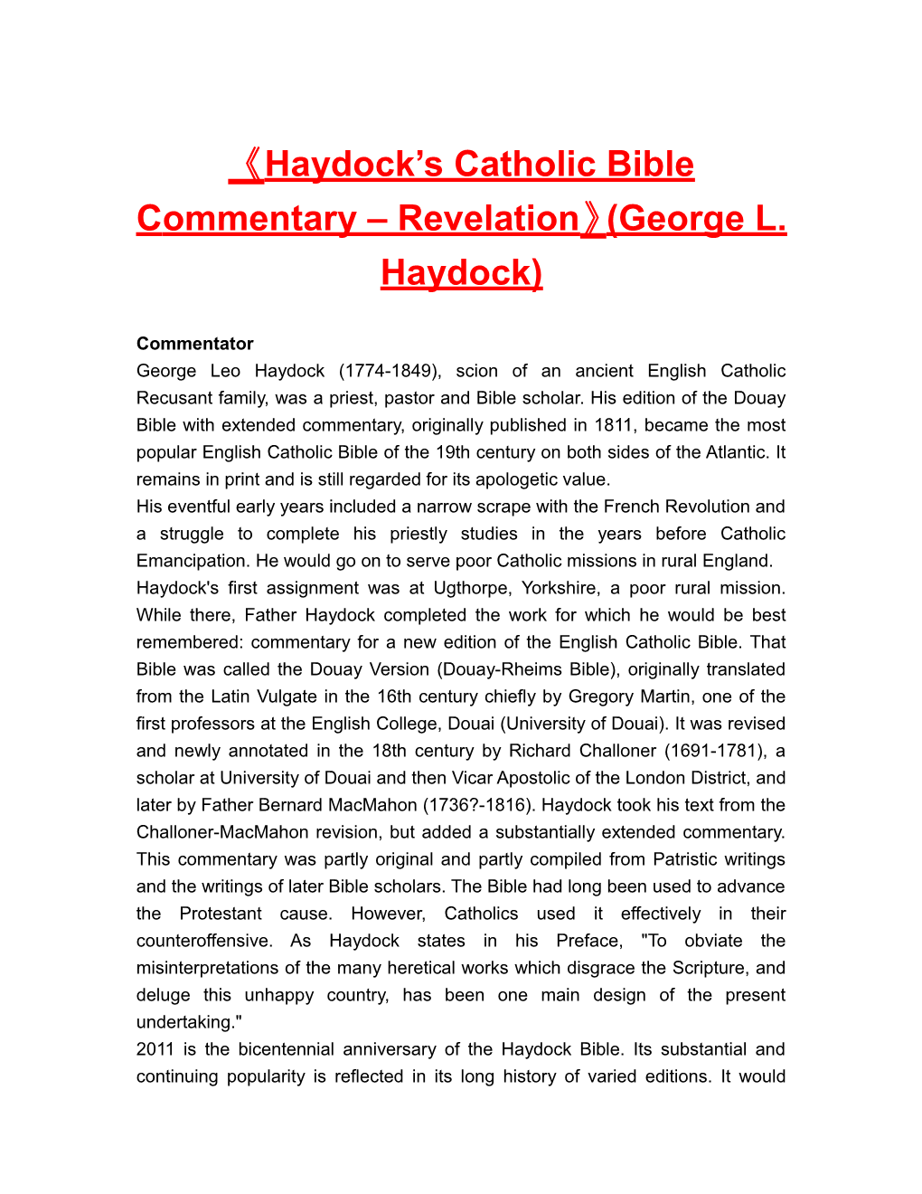 Haydock Scatholic Bible Commentary Revelation (George L. Haydock)