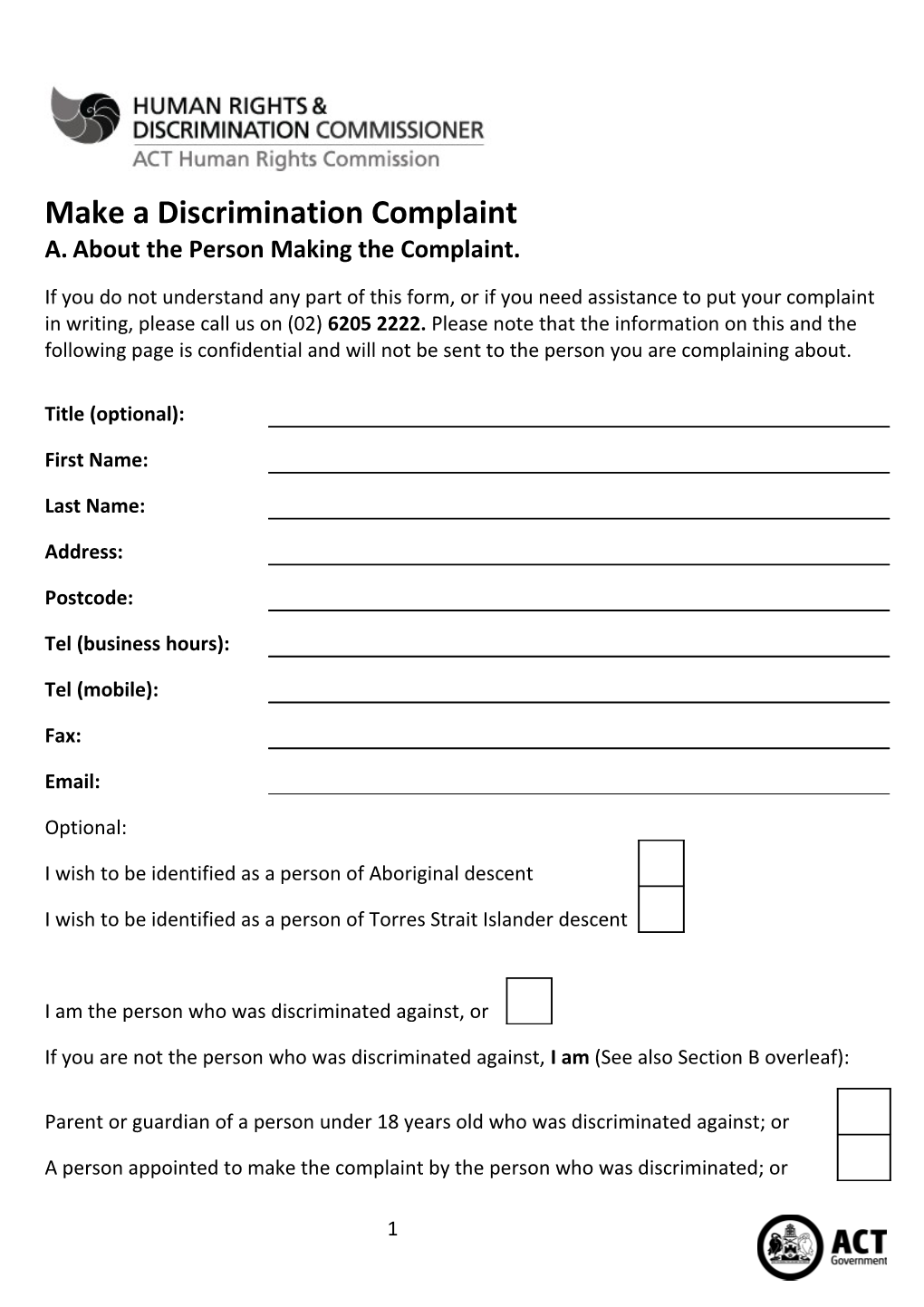 ACT HRC Discrimination Complaint Form