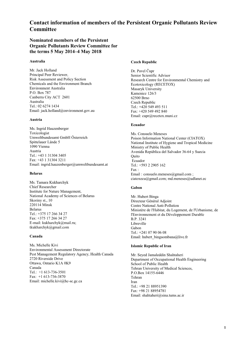 Contact Information of Members of the Persistent Organic Pollutants Review Committee