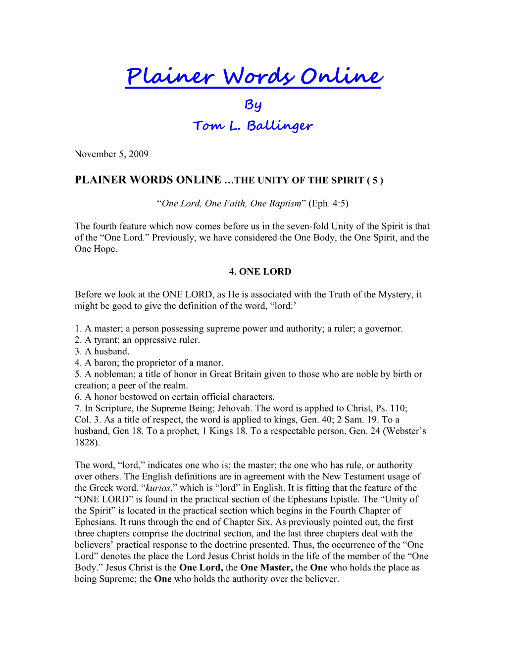 Plainer Words Online the Unity of the Spirit ( 5 )