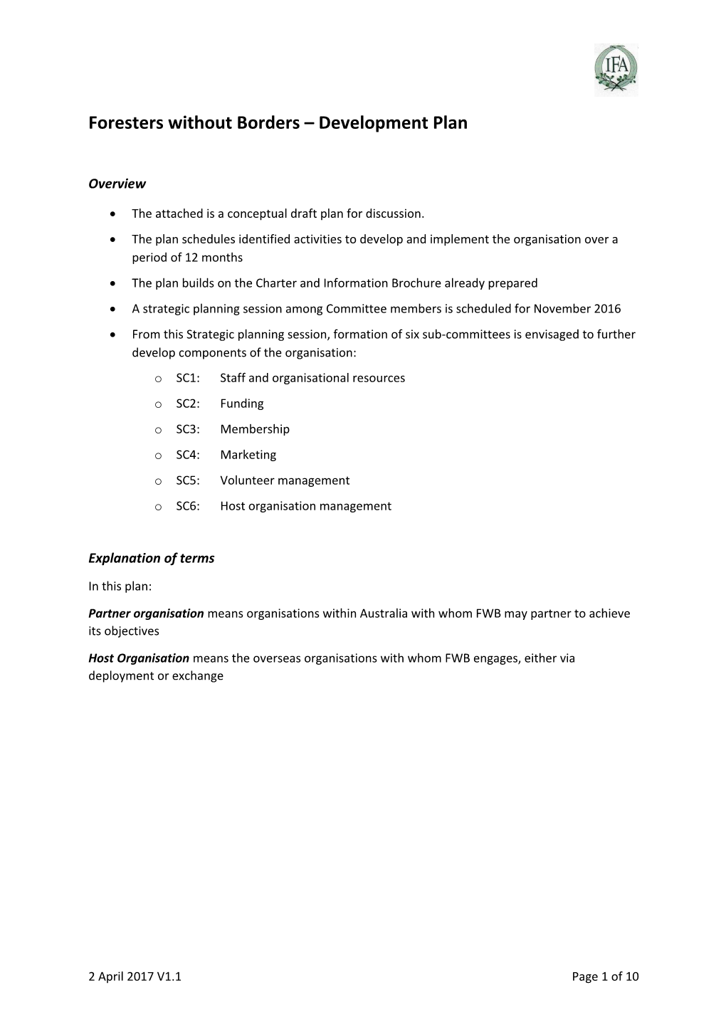 Foresters Without Borders Development Plan