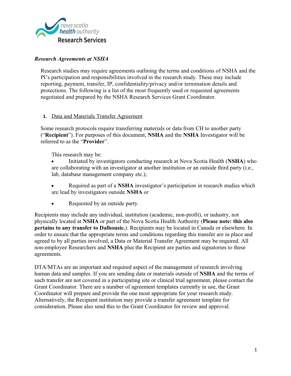 Research Agreements at NSHA