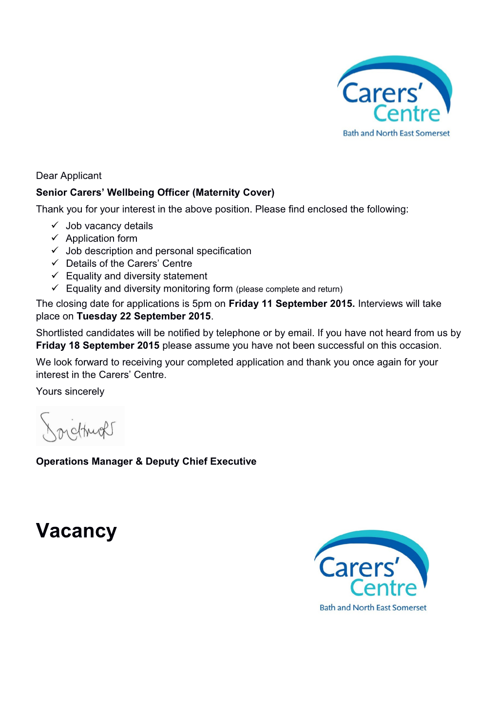Senior Carers Wellbeing Officer (Maternity Cover)
