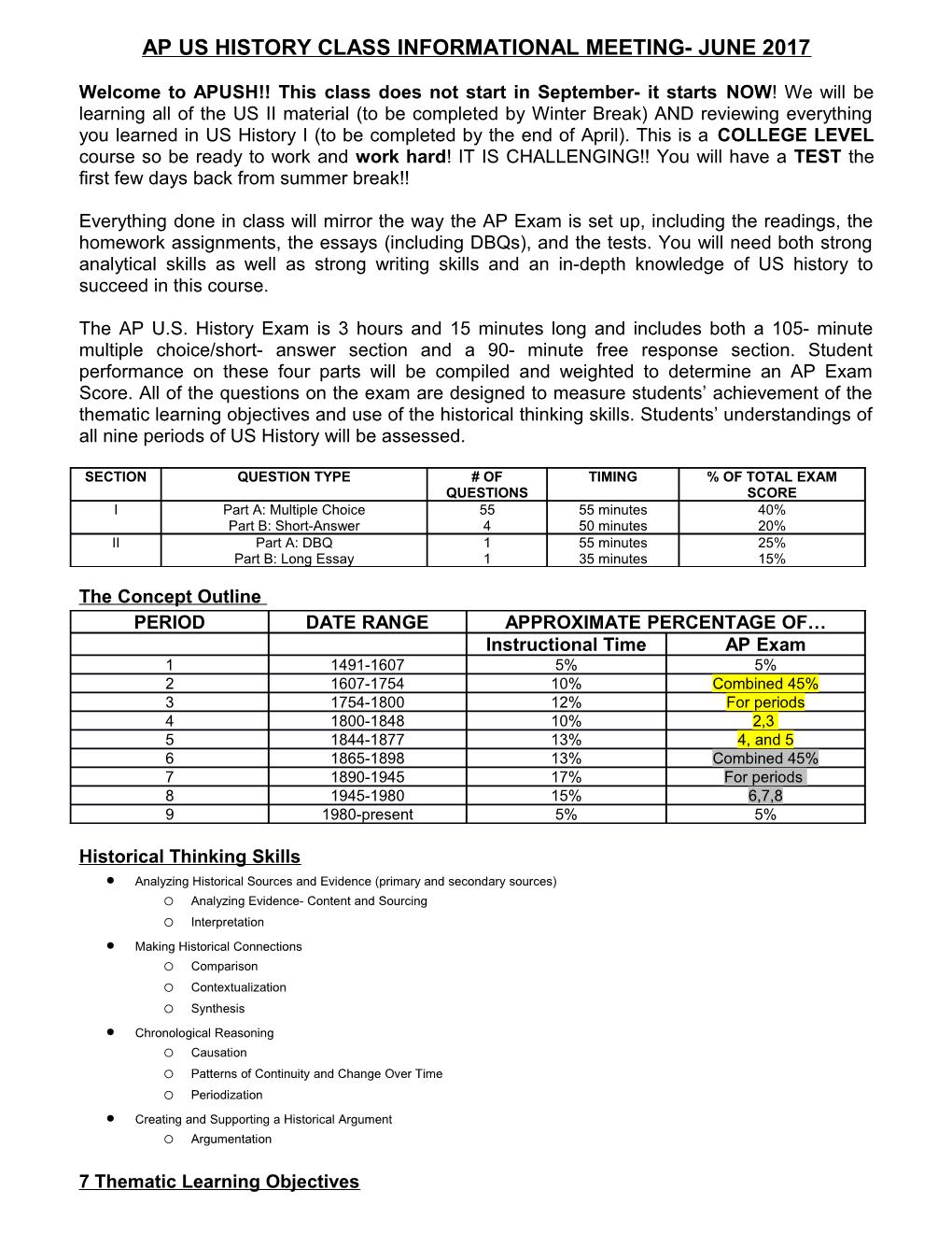 Ap Us History Class Informational Meeting- June 2017