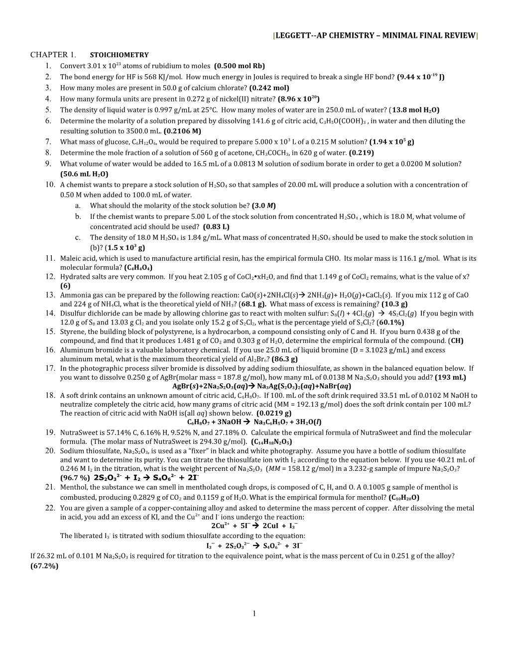 Leggett Ap Chemistry Minimal Final Review