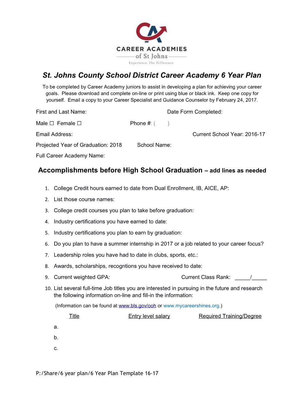 St. Johns County School District Career Academy 6 Year Plan