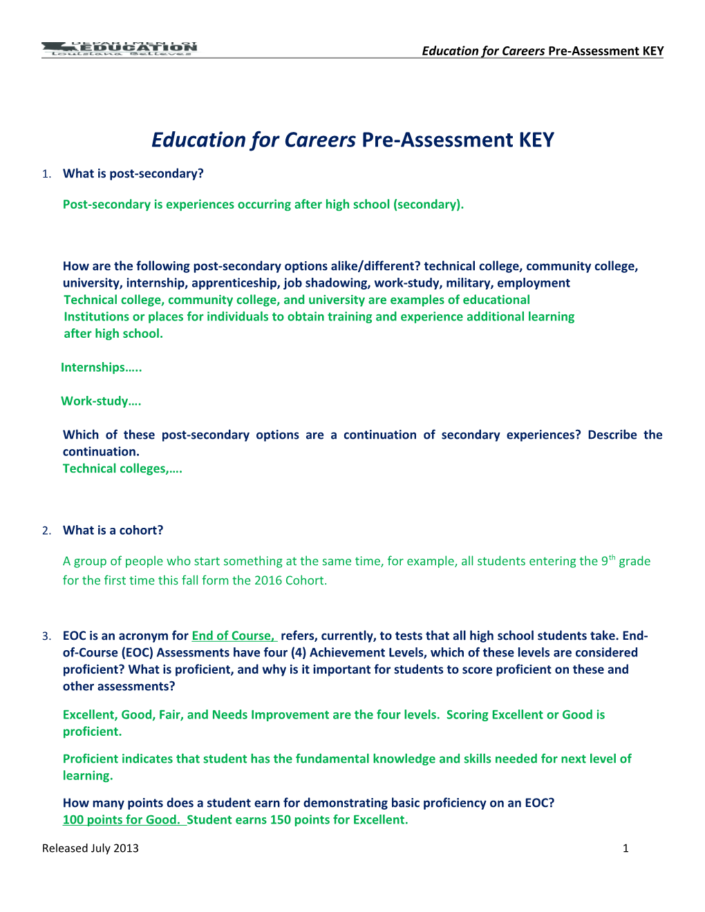 Education for Careers Pre-Assessment KEY