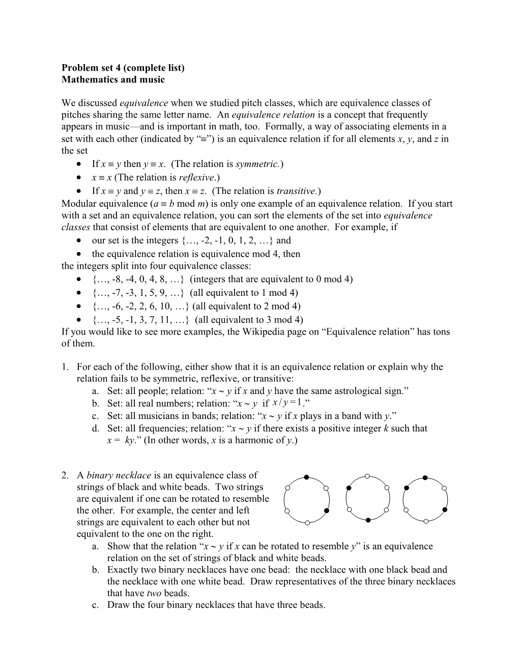 Problem Set 4 (Partial List)