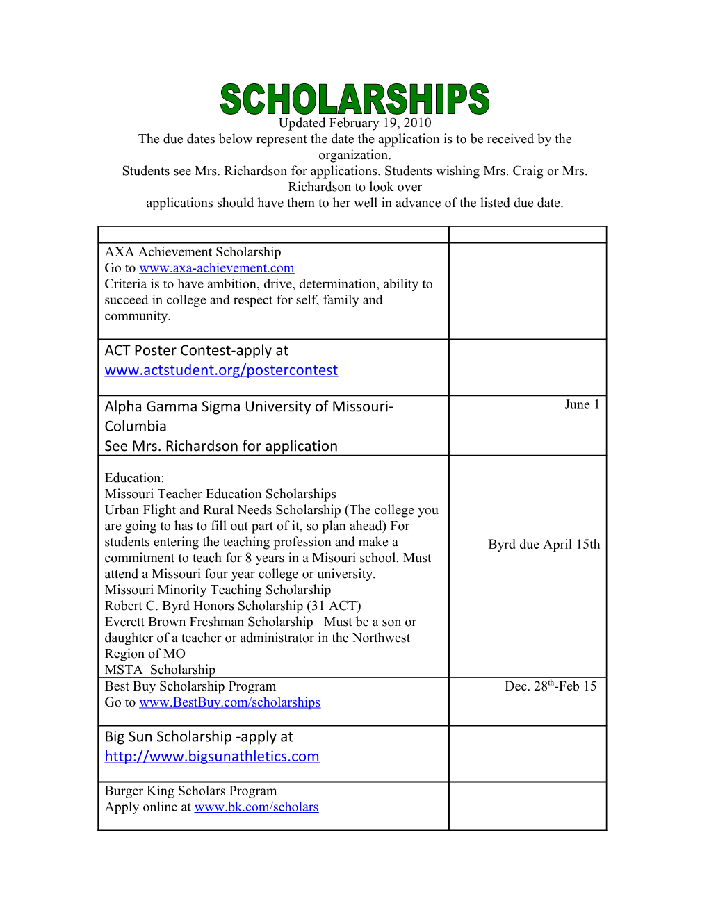 The Due Dates Below Represent the Date the Application Is to Be Received by the Organization