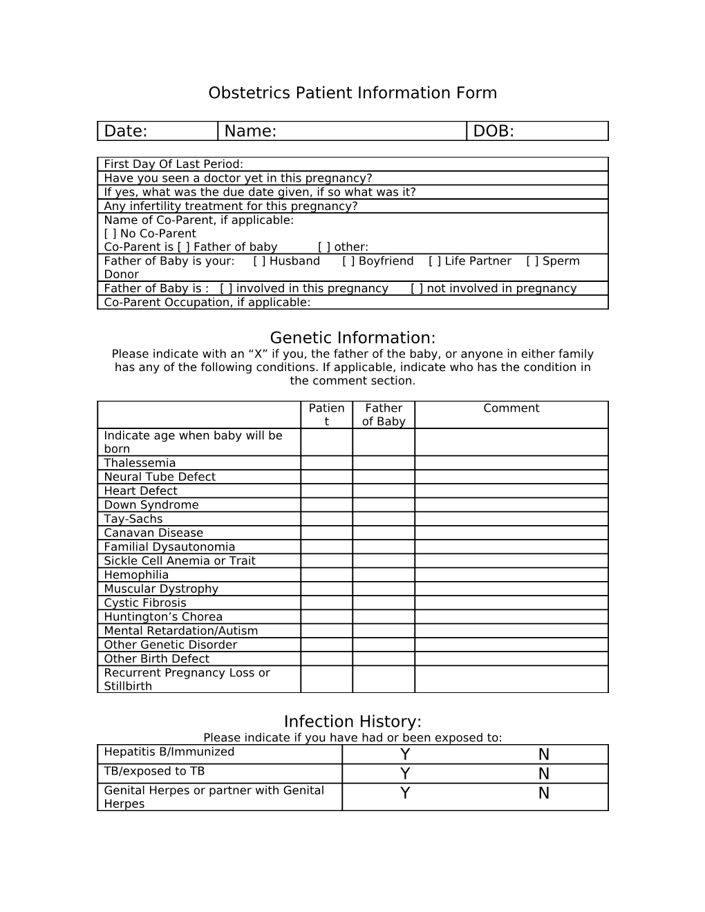 Obstetrics Patient Information Form
