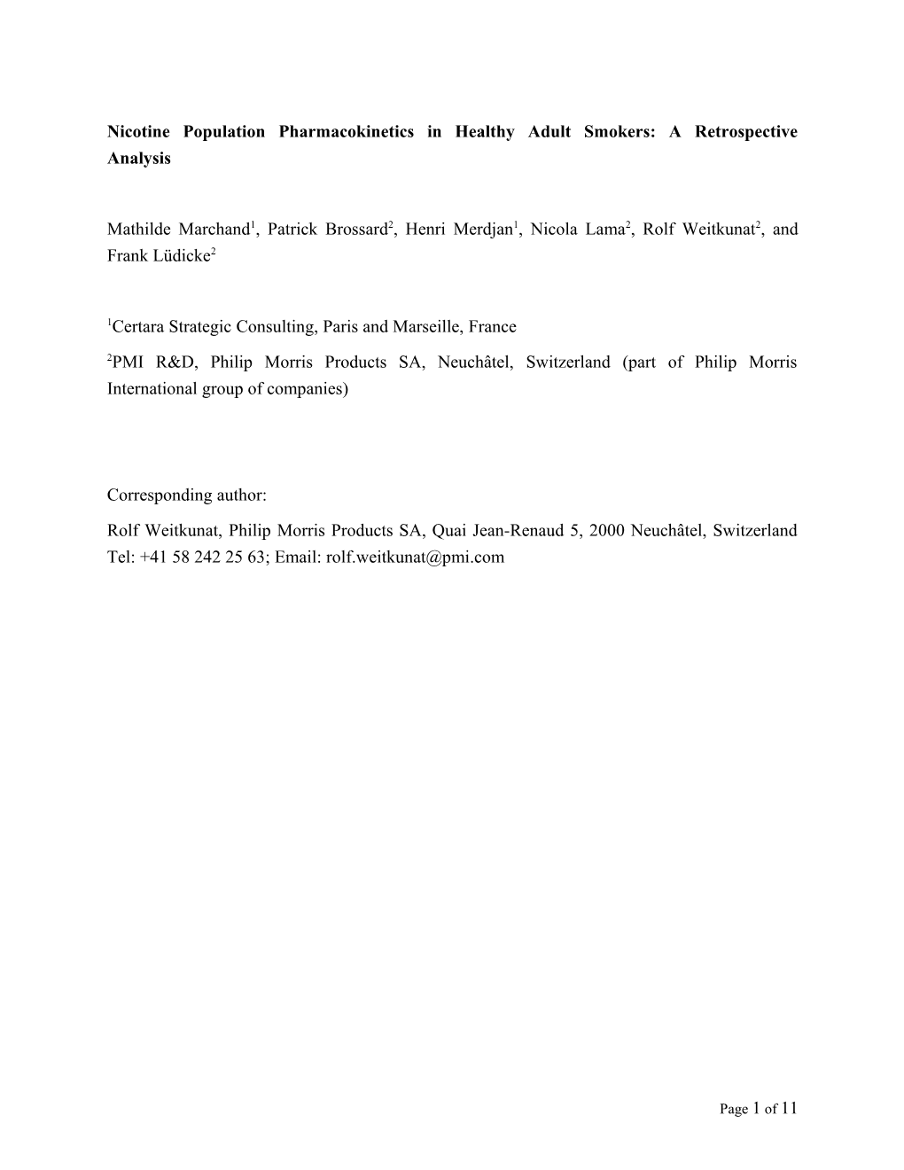 Nicotine Population Pharmacokinetics in Healthy Adult Smokers: a Retrospective Analysis