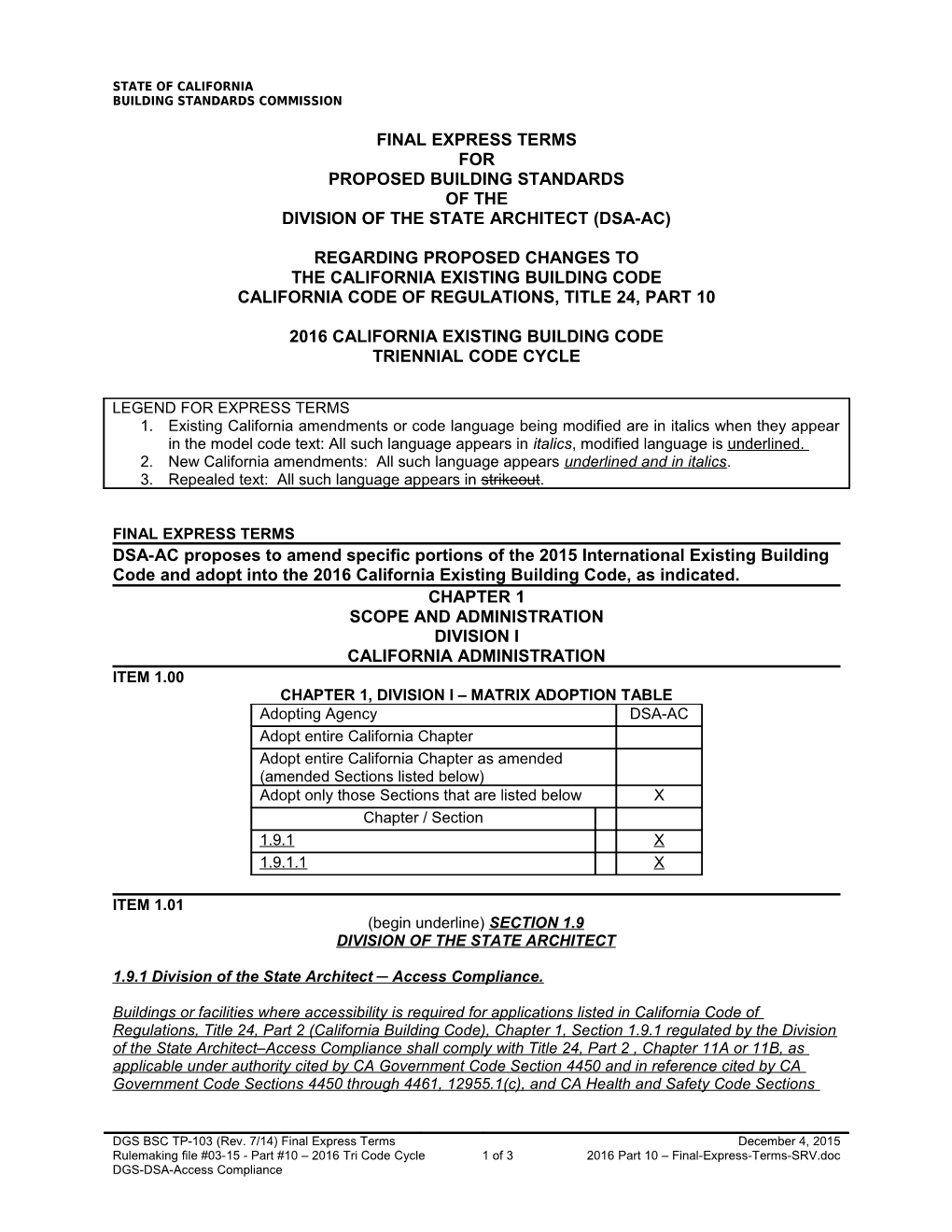 Final Express Terms for Proposed Building Statndards, Division of the State Architect (DSA-AC)