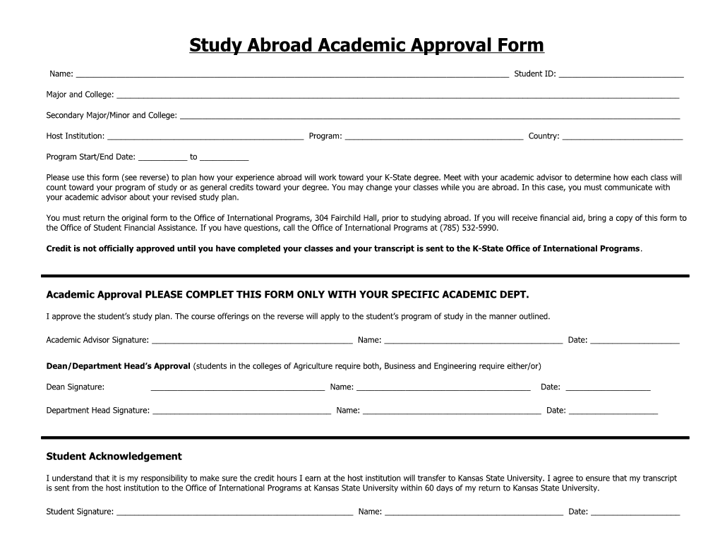 Study Abroad Academic Approval Form