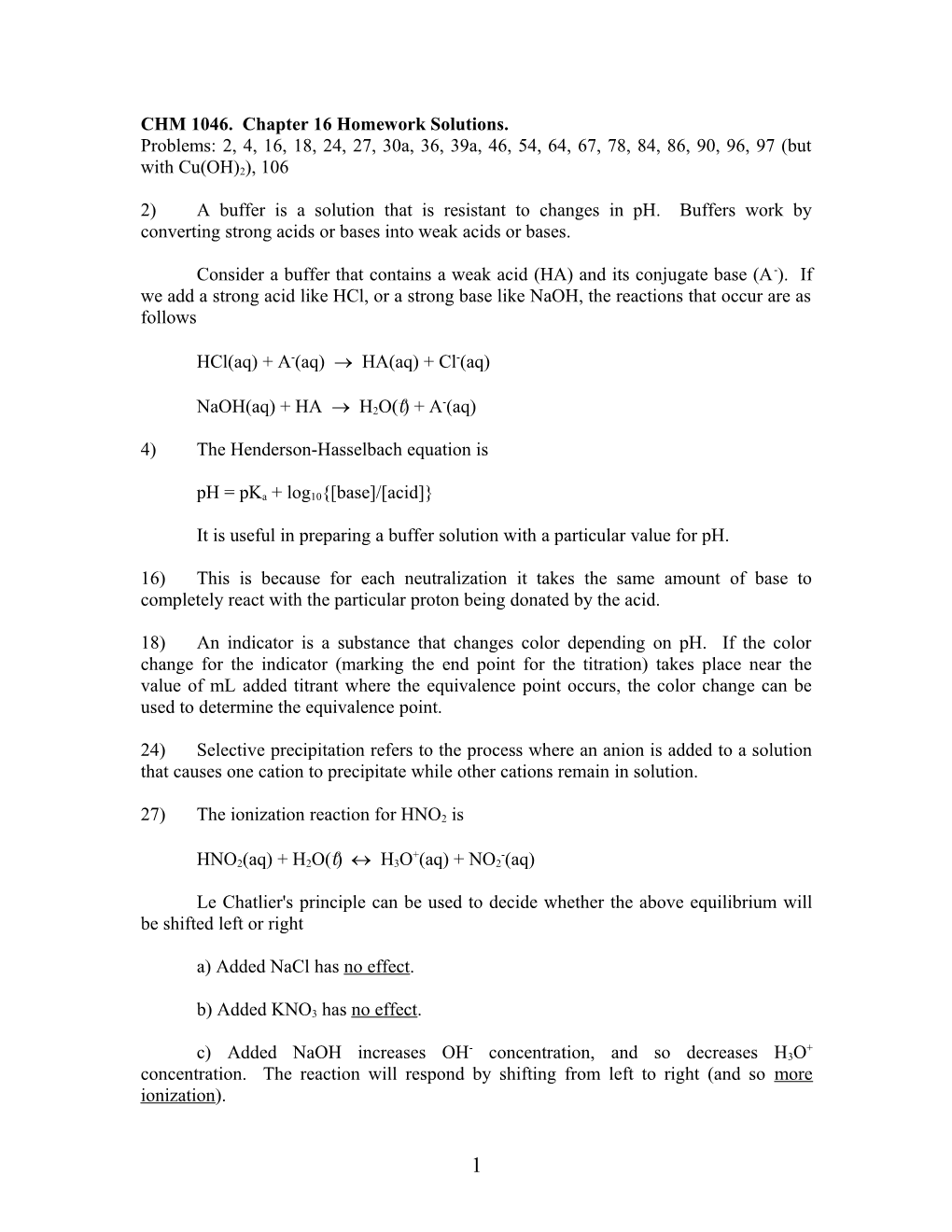 CHM 1046. Chapter 16 Homework Solutions