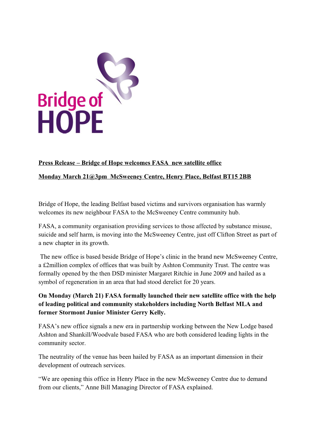 Press Release Bridge of Hope Welcomes FASA New Satellite Office