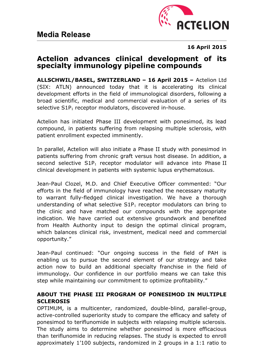 Actelion Advances Clinical Development of Its Specialty Immunology Pipeline Compounds