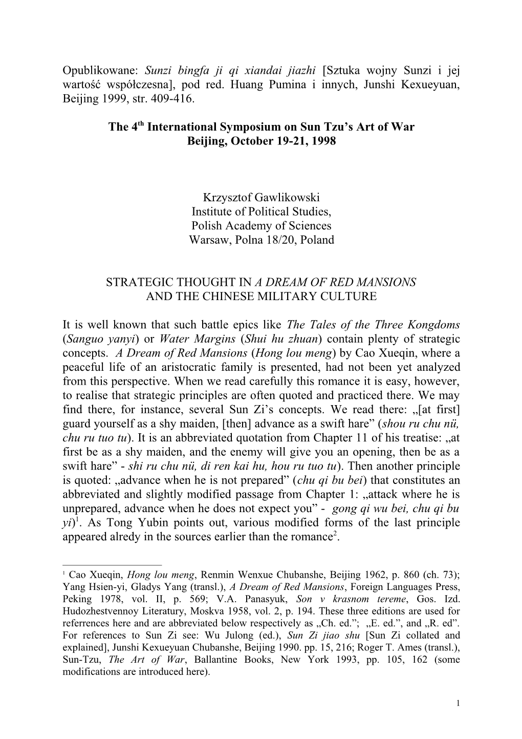 The 4Th International Symposium on Sun Tzu S Art of War