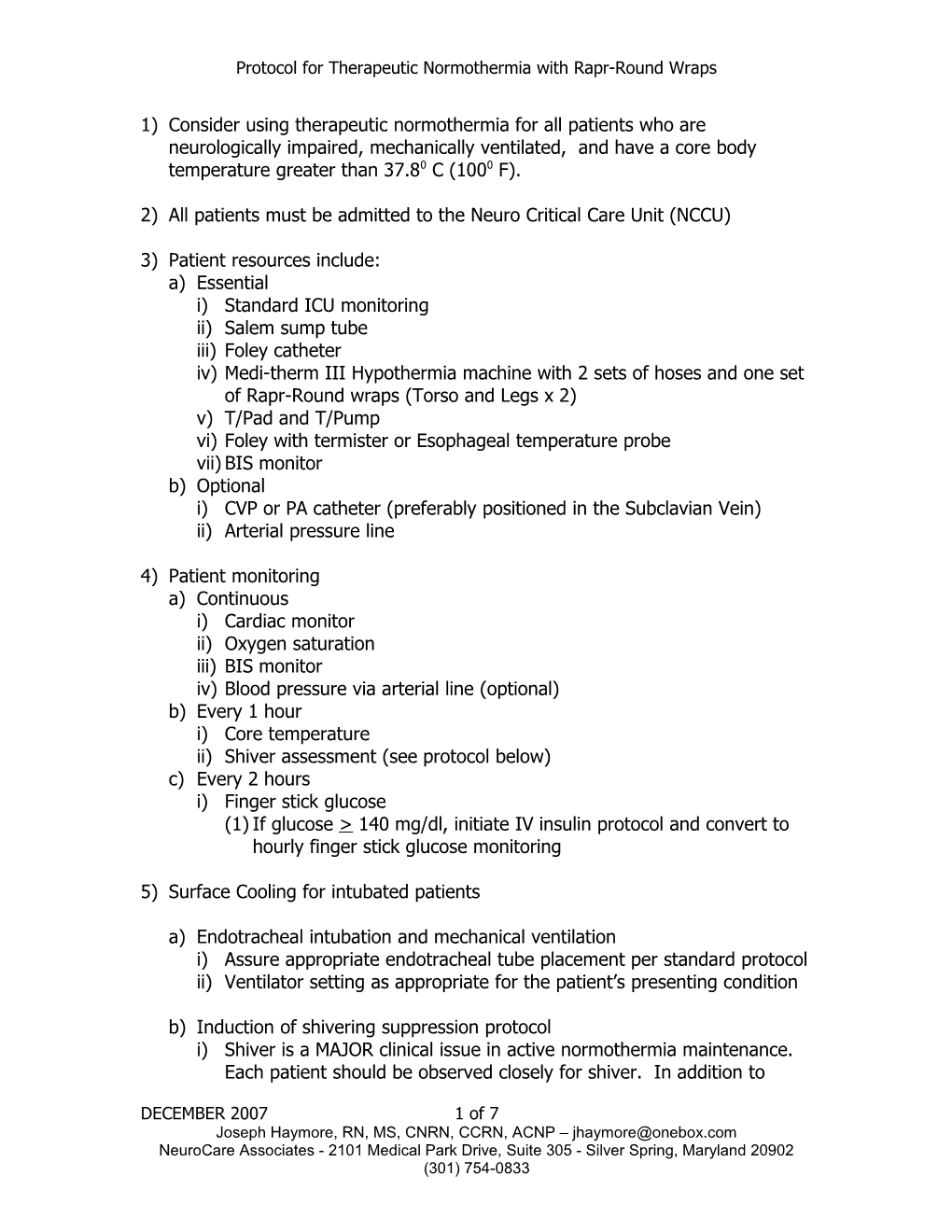 Hypothermia Treatment Protocol