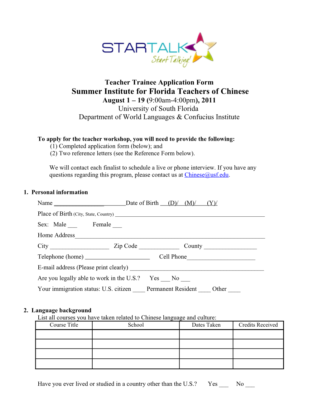 Teachertrainee Application Form Summer Institute for Florida Teachers of Chinese