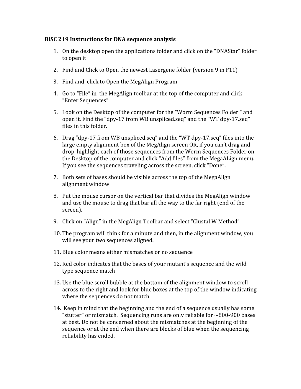 BISC 219 Instructions for DNA Sequence Analysis