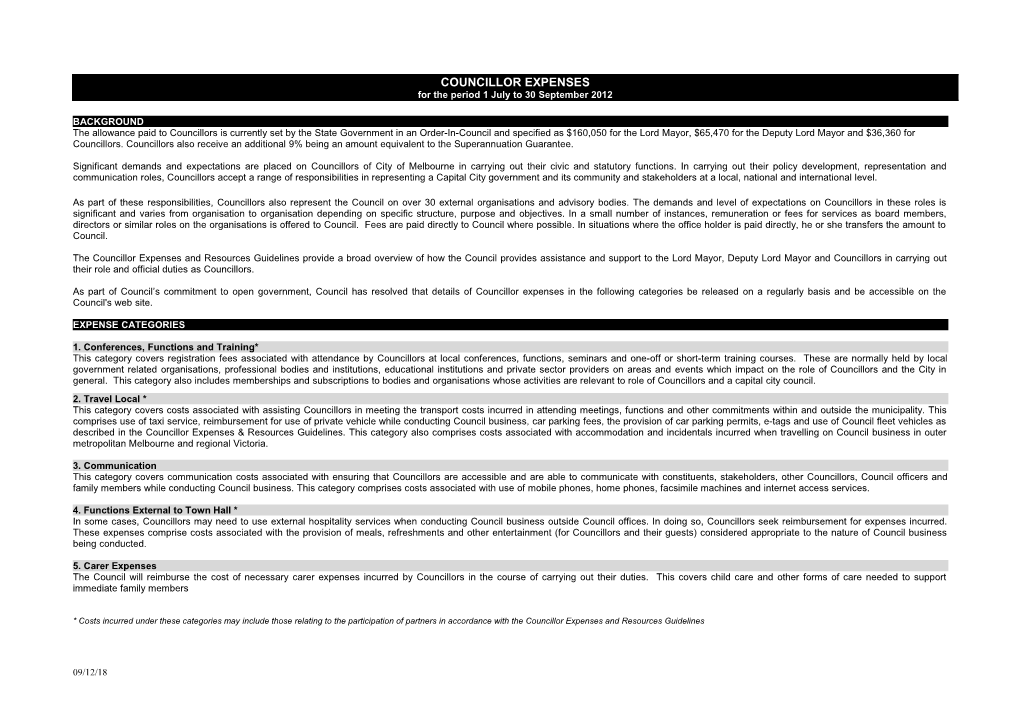 Councillor Expenses - 1 July to 30 September 2012