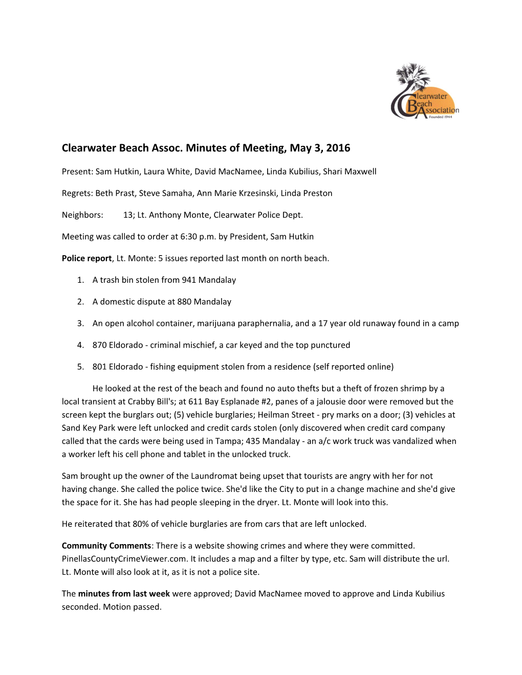 Clearwater Beach Assoc. Minutes of Meeting, May 3, 2016