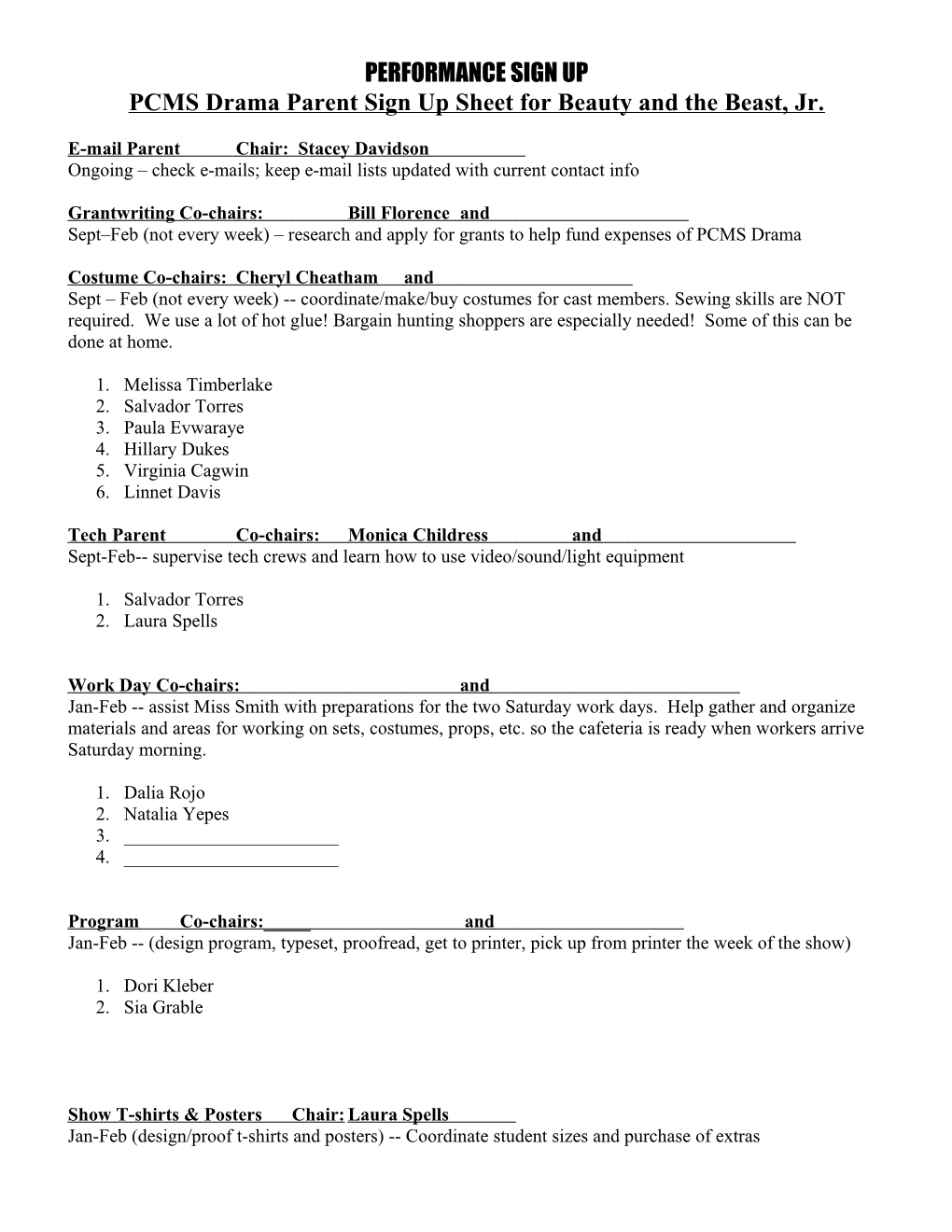 PCMS Drama Parent Sign up Sheet for Beauty and the Beast, Jr