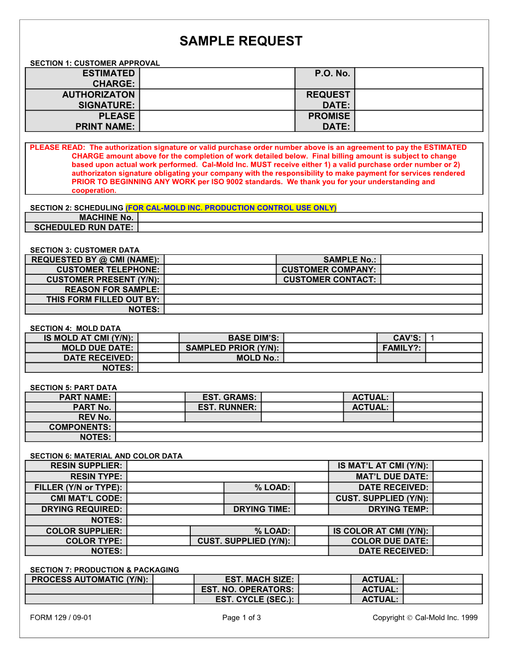 Section 2: Scheduling (For Cal-Mold Inc. Production Control Use Only)