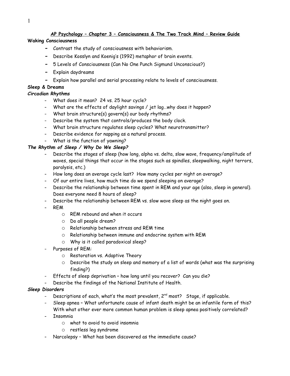 AP Psychology Chapter 3 Consciousness the Two Track Mind Review Guide