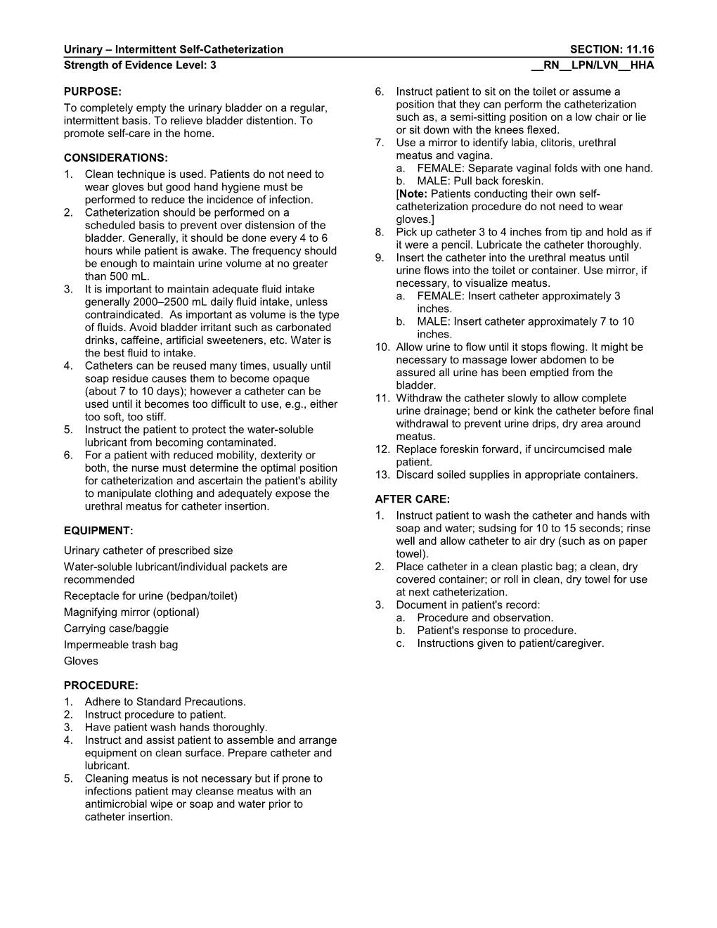 Urinary Intermittent Self-Catheterizationsection: 11.16