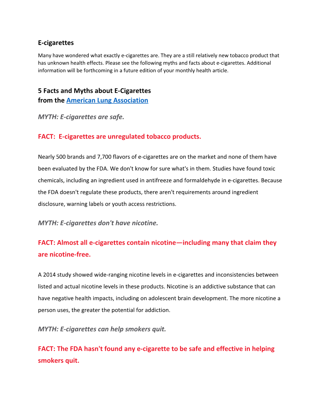 MYTH: E-Cigarettes Are Safe