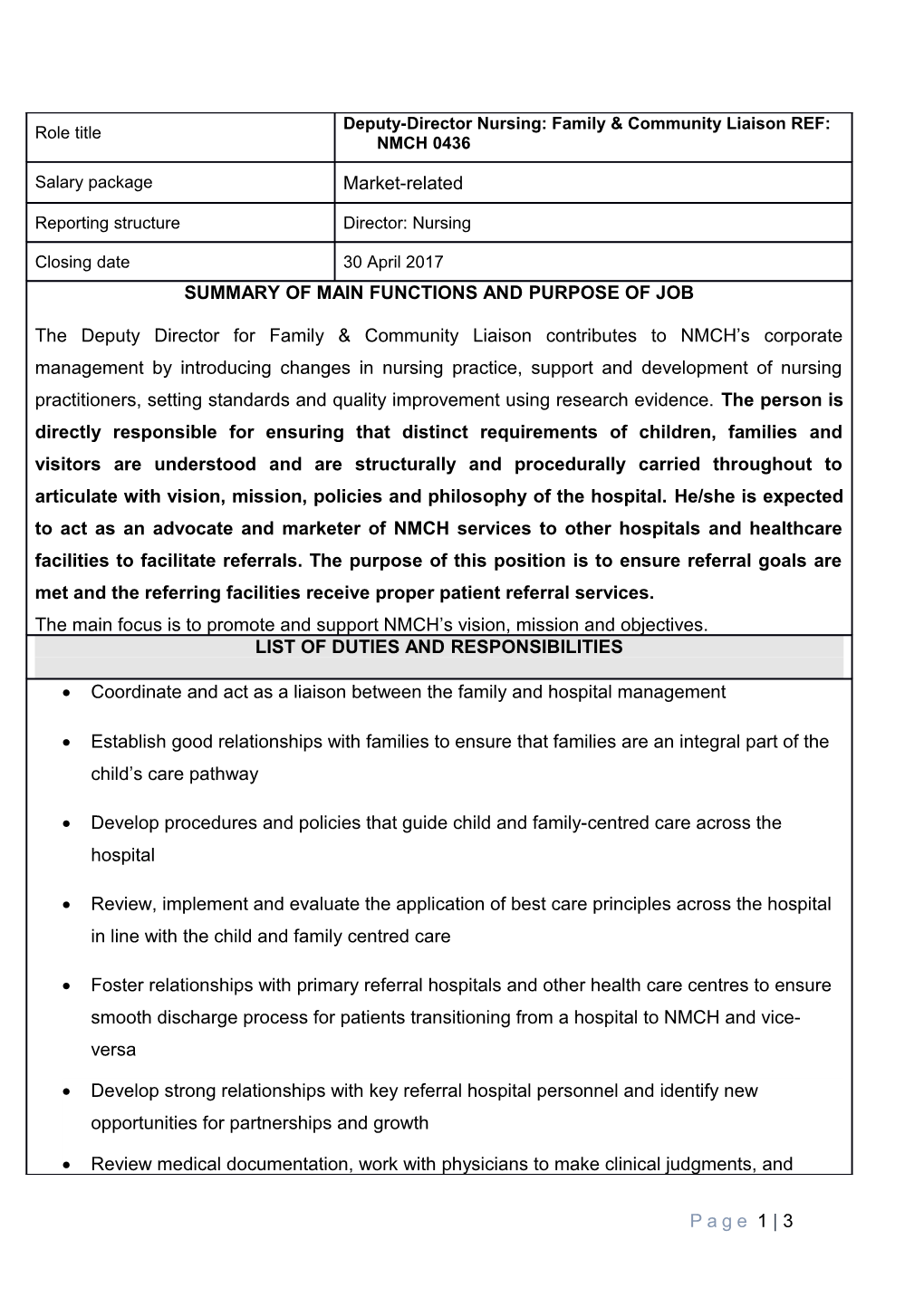 Deputy-Directornursing: Family & Community Liaison REF: NMCH 0436