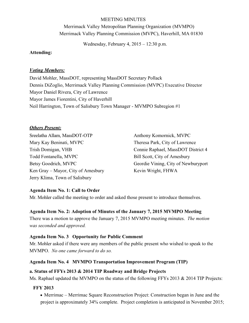 Minutes of February 4, 2015 MVMPO Meeting