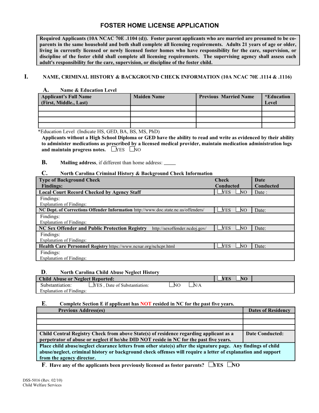 Foster Home License Application