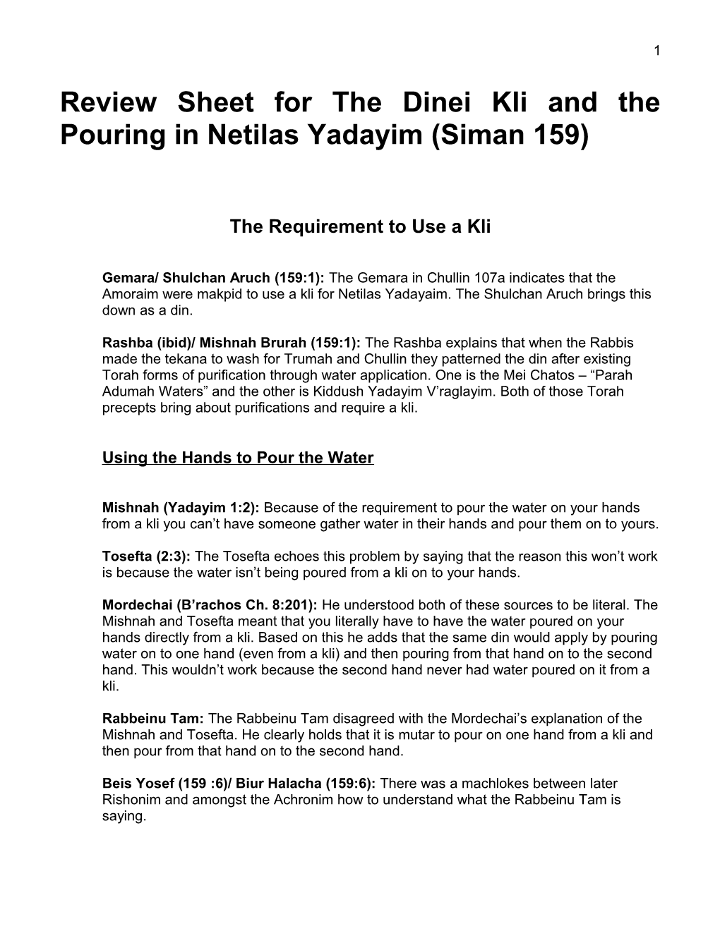 Review Sheet for the Dinei Kli and the Pouring in Netilas Yadayim (Siman 159)