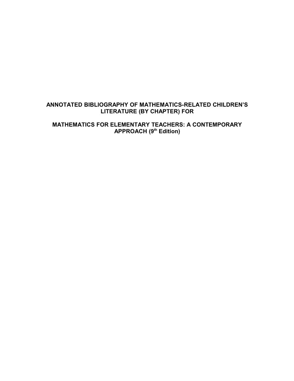 Annotated Bibliography of Mathematics-Related Children S Literature (By Chapter) For