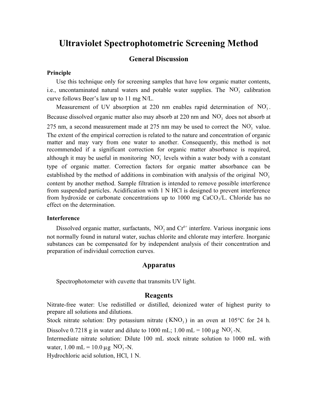 Ultraviolet Spectrophotometric Screening Method