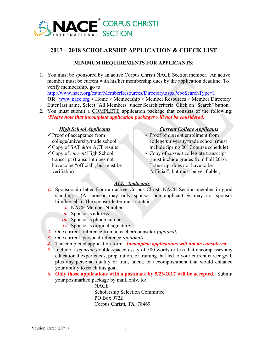 2017 2018 Scholarship Application & Check List
