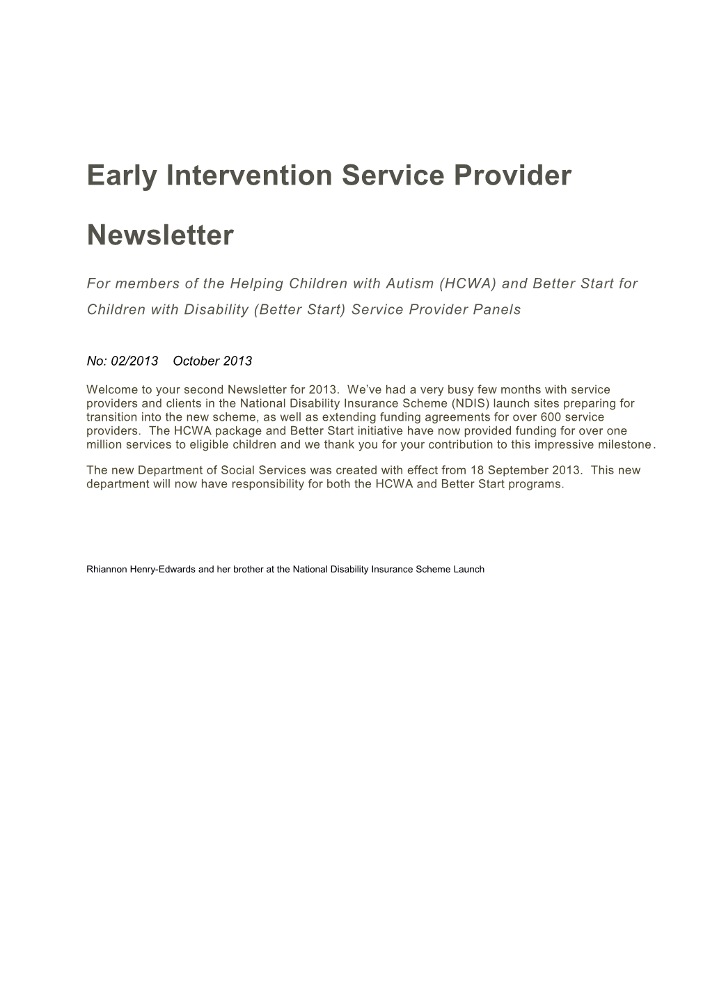 Early Intervention Service Provider Newsletter