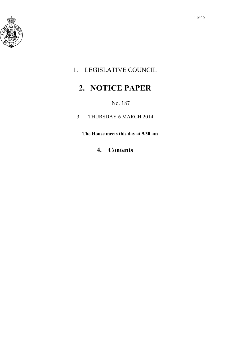 Legislative Council Notice Paper No. 187 Thursday 6 March 2014
