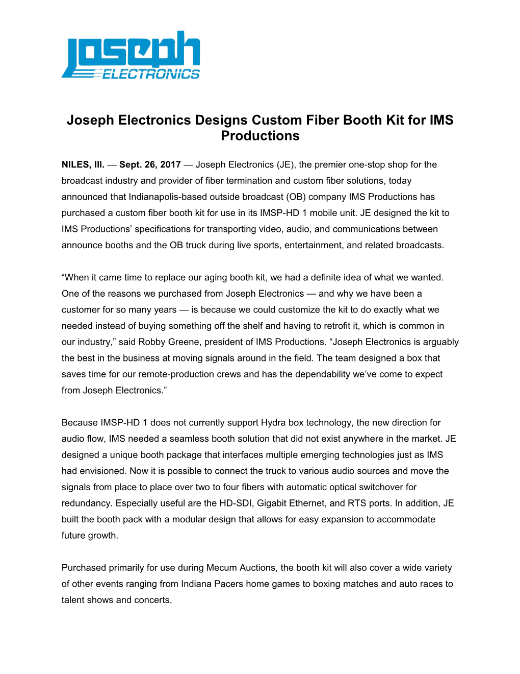 Joseph Electronics Designs Custom Fiber Booth Kit for IMS Productions