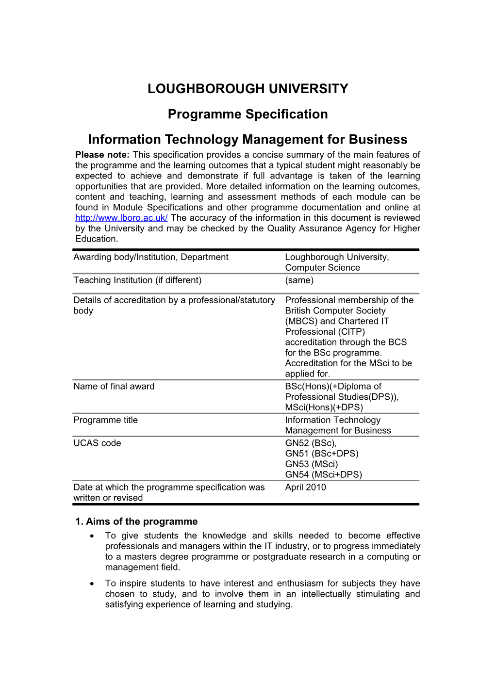 Infomation Technology Management for Buiness - Programme Specification