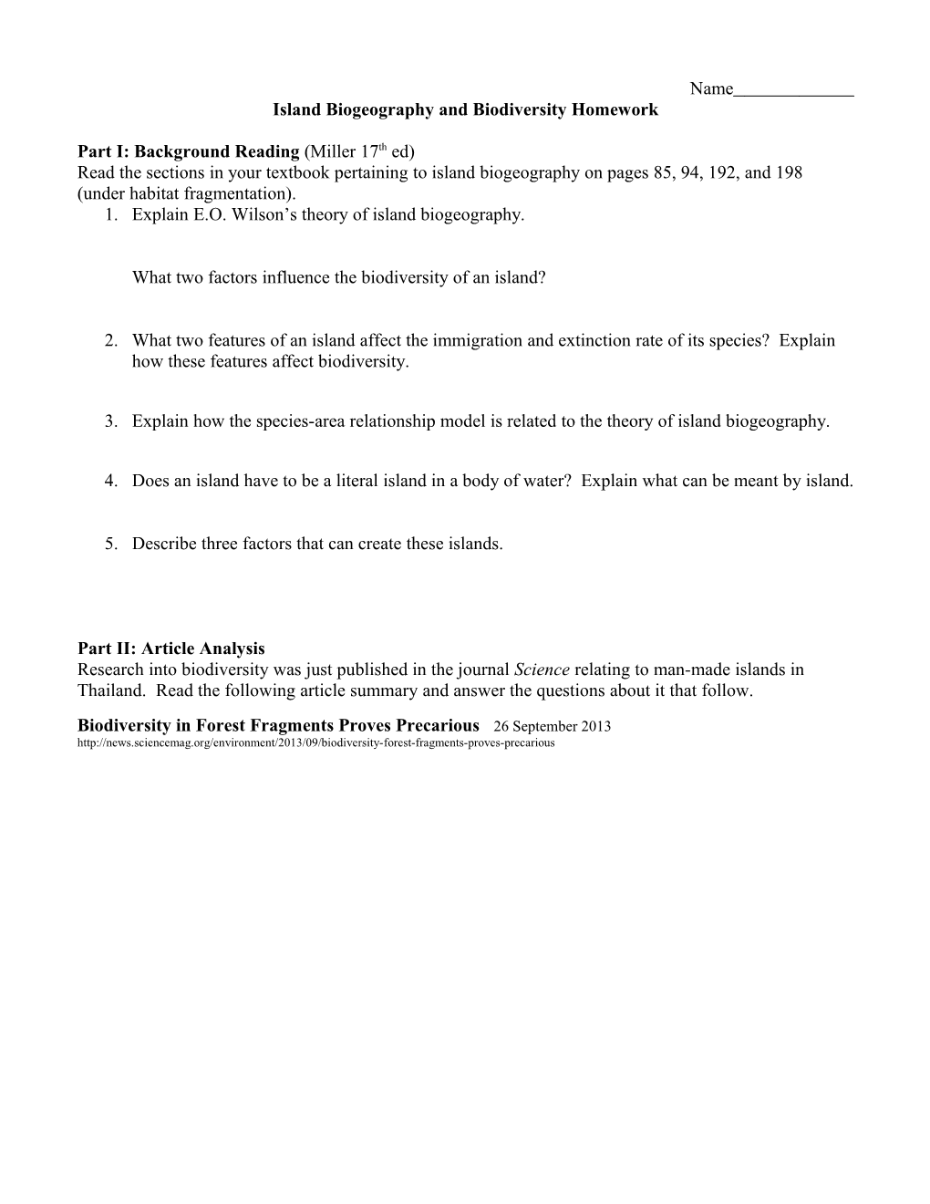 Island Biogeography and Biodiversity Homework